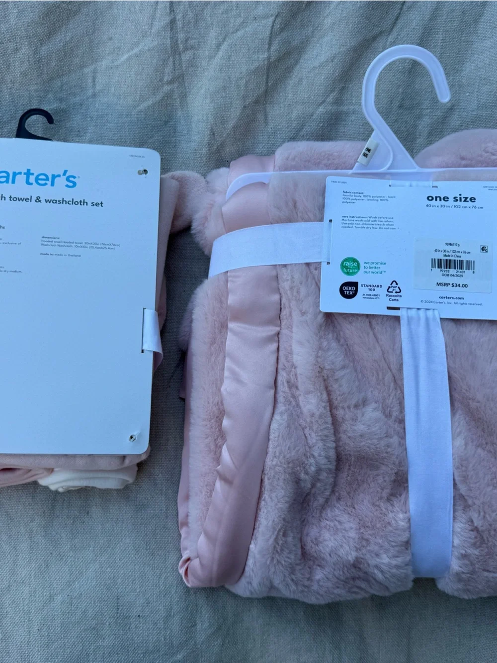 Carter's Pink Hooded Animal towel and Matching Soft Blanket Set baby